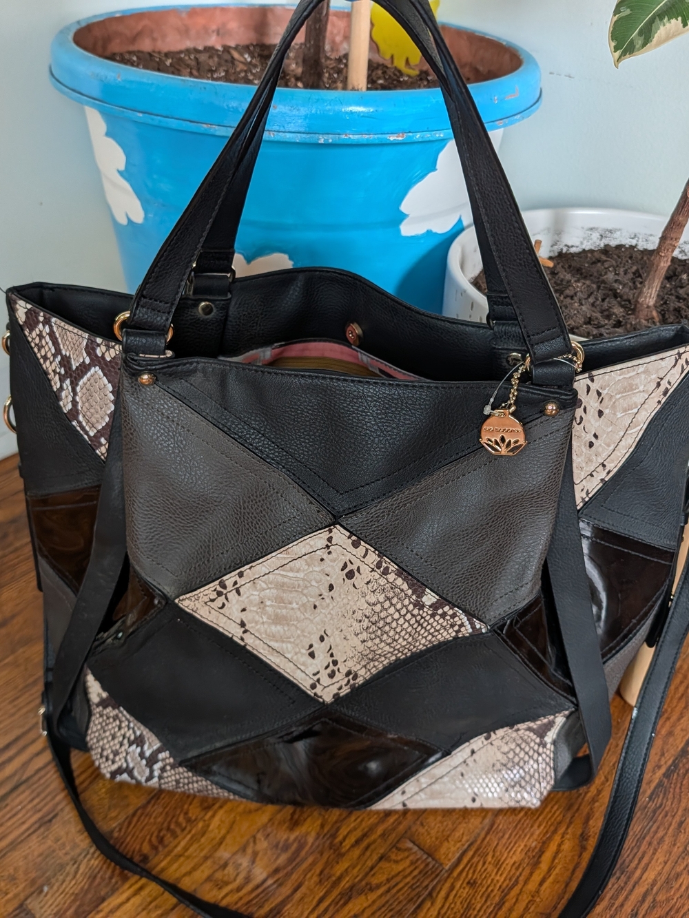 Big Buddha Black and Taupe Patchwork Snake-Print Tote with Gold Charm